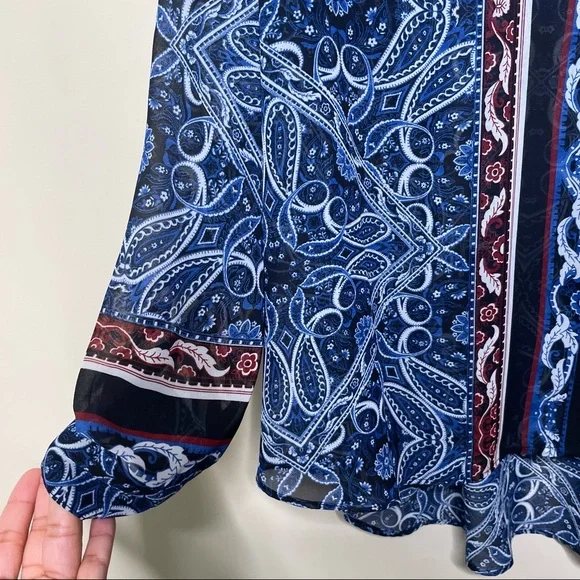Cato Blue Red Bandana Tribal Aztec Sheer Button Up Top - Picture 4 of 9